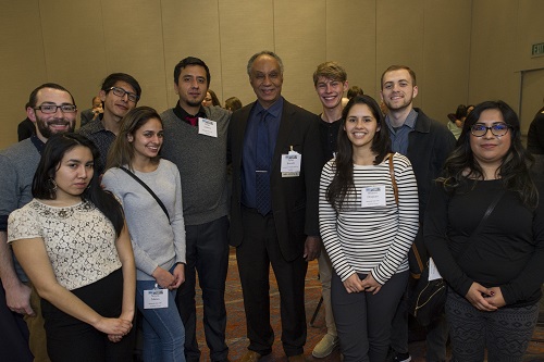 AHA president Tyler Stovall (center) greets a student group from Humboldt State University at the 2017 AHA annual meeting in Denver. Students must be central to historians&rsquo; practice. Marc Monaghan
